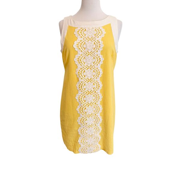 Jessica J Howard Sleeveless Linen Yellow White Shift Dress 12 Wide Lace Preppy - Picture 4 of 13